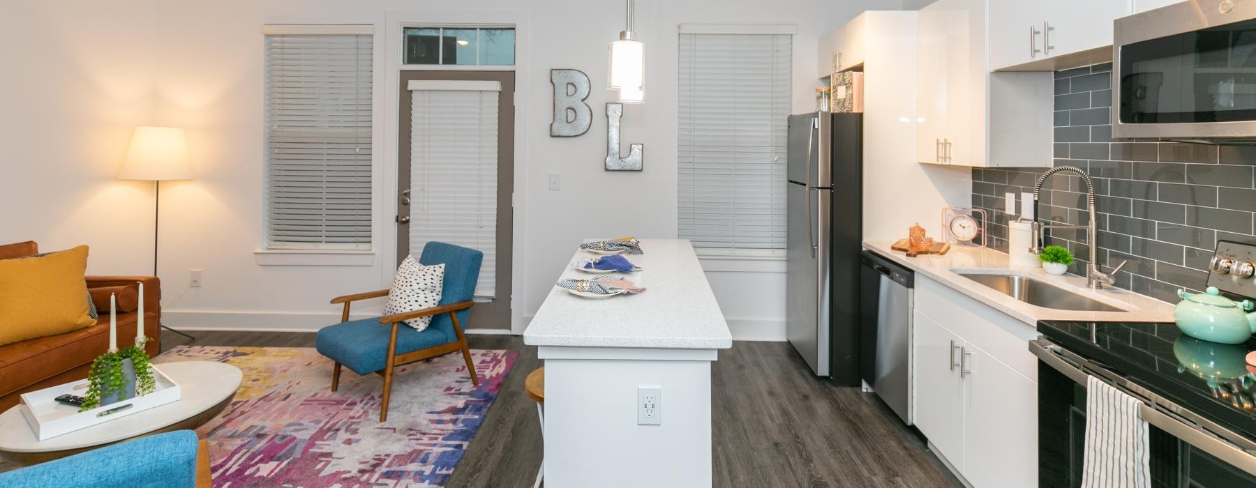 living room open to kitchen with island